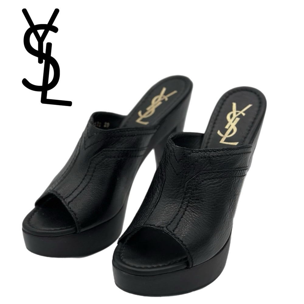 YSL Yves Saint Laurent Black Leather Open Toe Platform Mules – Size 39/EU